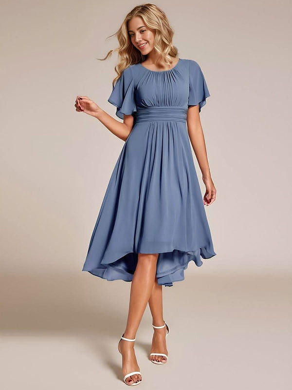 Flowy Chiffon Round Neckline A-Line Knee Length Bridesmaid Dress #color_Pink ever EDEN|Flowy Chiffon Round Neckline A-Line Knee Length Bridesmaid Dress