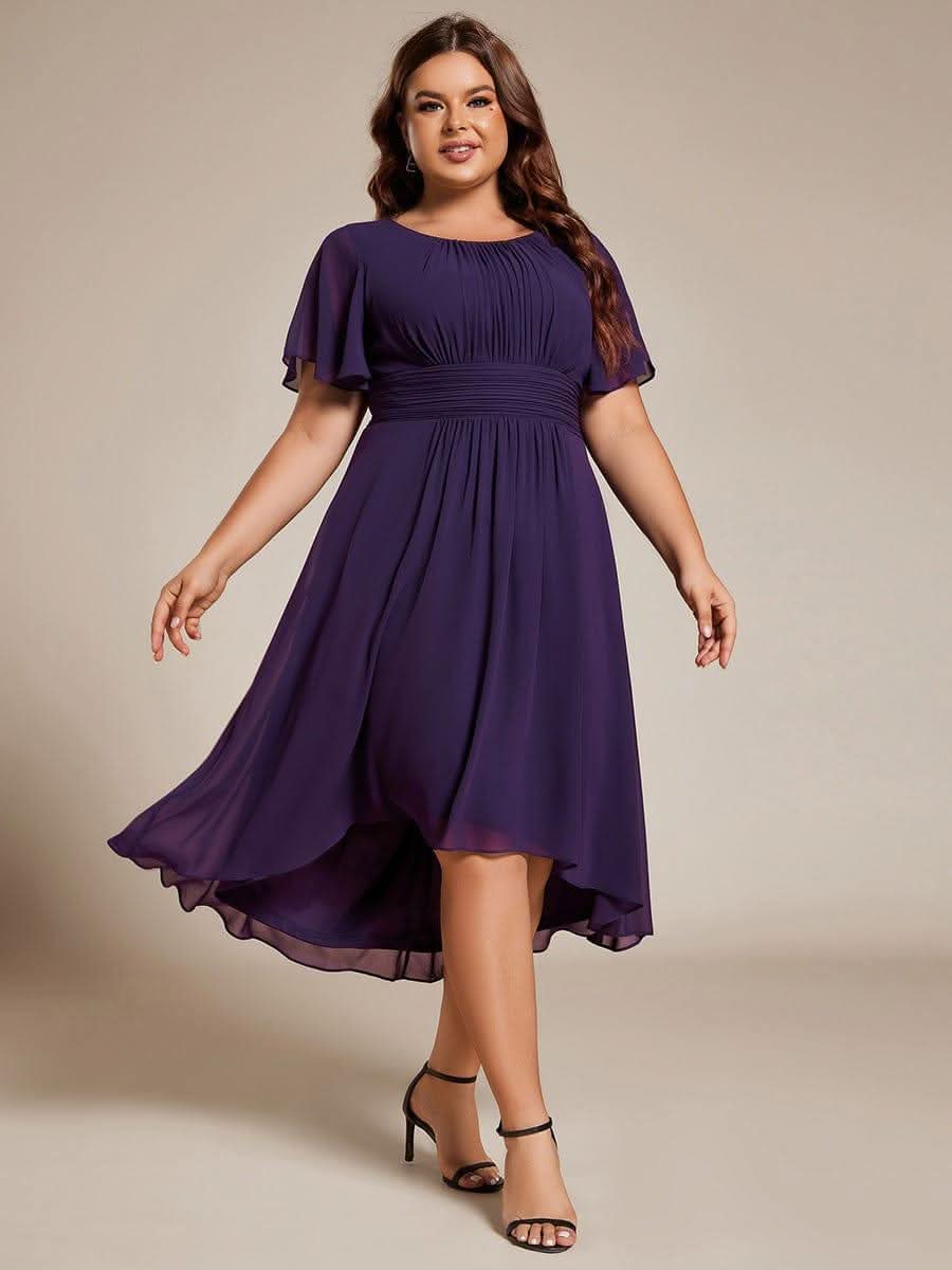 Flowy Chiffon Round Neckline A-Line Knee Length Bridesmaid Dress #color_Dark Purple