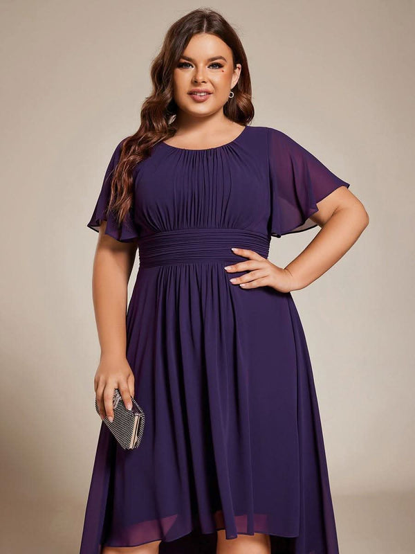 Flowy Chiffon Round Neckline A-Line Knee Length Bridesmaid Dress #color_Pink ever EDEN|Flowy Chiffon Round Neckline A-Line Knee Length Bridesmaid Dress