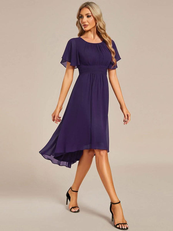 Flowy Chiffon Round Neckline A-Line Knee Length Bridesmaid Dress #color_Pink ever EDEN|Flowy Chiffon Round Neckline A-Line Knee Length Bridesmaid Dress