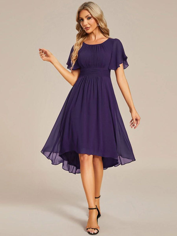 Flowy Chiffon Round Neckline A-Line Knee Length Bridesmaid Dress #color_Pink ever EDEN|Flowy Chiffon Round Neckline A-Line Knee Length Bridesmaid Dress