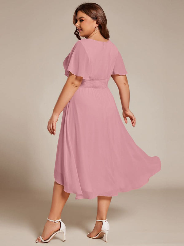 Flowy Chiffon Round Neckline A-Line Knee Length Bridesmaid Dress #color_Pink ever EDEN|Flowy Chiffon Round Neckline A-Line Knee Length Bridesmaid Dress