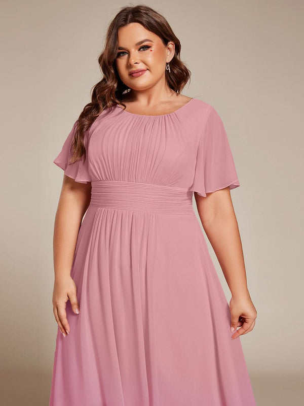 Flowy Chiffon Round Neckline A-Line Knee Length Bridesmaid Dress #color_Pink ever EDEN|Flowy Chiffon Round Neckline A-Line Knee Length Bridesmaid Dress