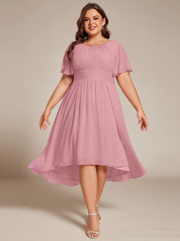 Flowy Chiffon Round Neckline A-Line Knee Length Bridesmaid Dress #color_Pink ever EDEN|Flowy Chiffon Round Neckline A-Line Knee Length Bridesmaid Dress
