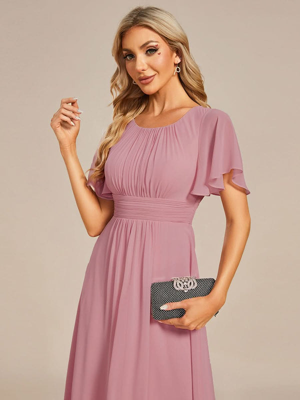 Flowy Chiffon Round Neckline A-Line Knee Length Bridesmaid Dress #color_Pink ever EDEN|Flowy Chiffon Round Neckline A-Line Knee Length Bridesmaid Dress