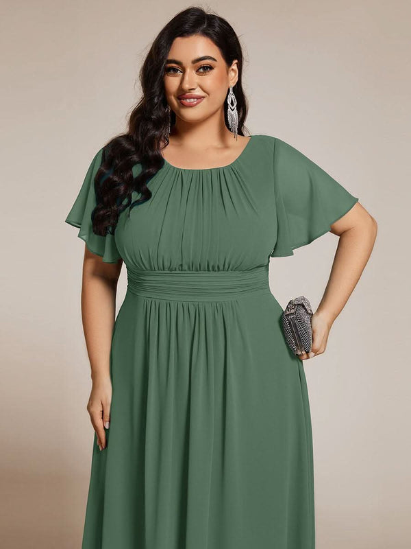 Flowy Chiffon Round Neckline A-Line Knee Length Bridesmaid Dress #color_Pink ever EDEN|Flowy Chiffon Round Neckline A-Line Knee Length Bridesmaid Dress