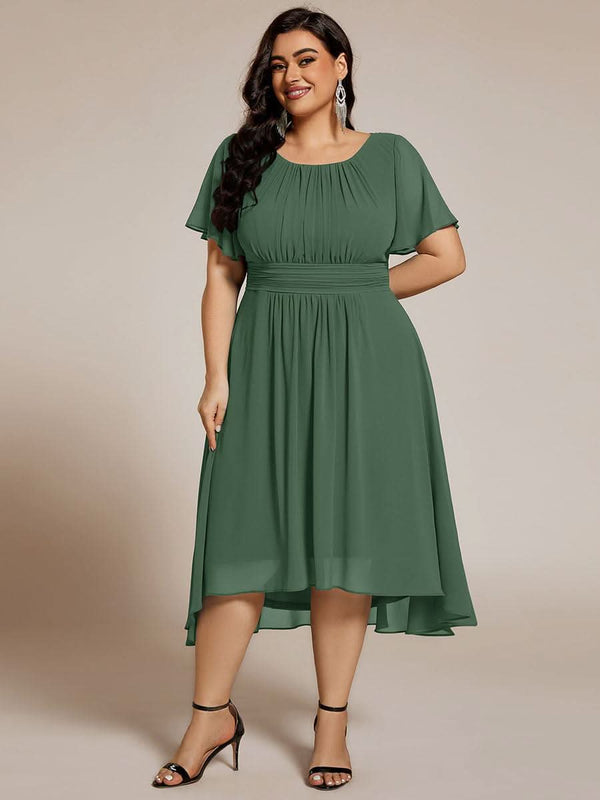 Flowy Chiffon Round Neckline A-Line Knee Length Bridesmaid Dress #color_Pink ever EDEN|Flowy Chiffon Round Neckline A-Line Knee Length Bridesmaid Dress