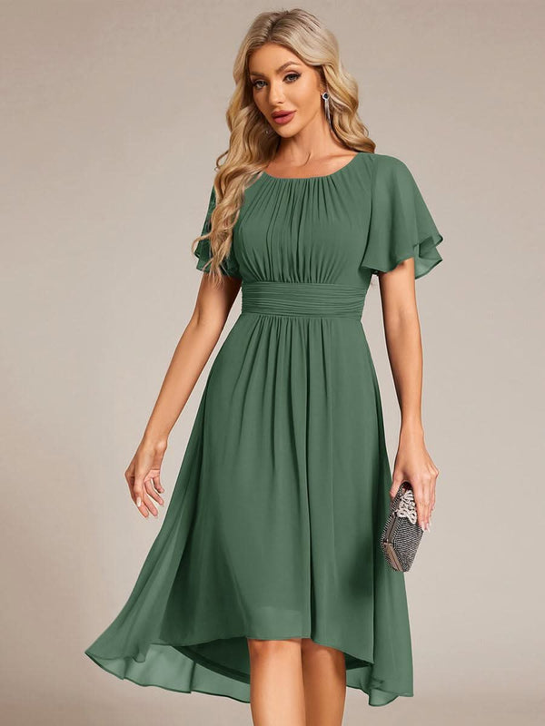 Flowy Chiffon Round Neckline A-Line Knee Length Bridesmaid Dress #color_Pink ever EDEN|Flowy Chiffon Round Neckline A-Line Knee Length Bridesmaid Dress