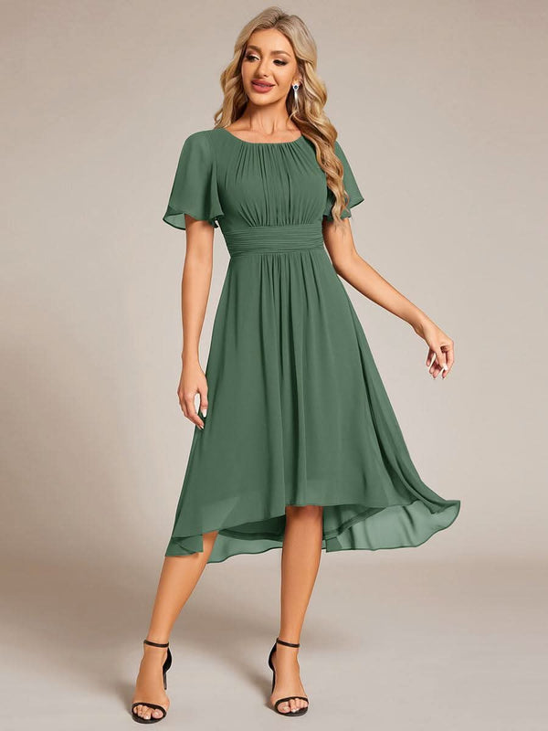 Flowy Chiffon Round Neckline A-Line Knee Length Bridesmaid Dress #color_Pink ever EDEN|Flowy Chiffon Round Neckline A-Line Knee Length Bridesmaid Dress