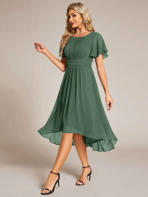 Flowy Chiffon Round Neckline A-Line Knee Length Bridesmaid Dress #color_Pink ever EDEN|Flowy Chiffon Round Neckline A-Line Knee Length Bridesmaid Dress