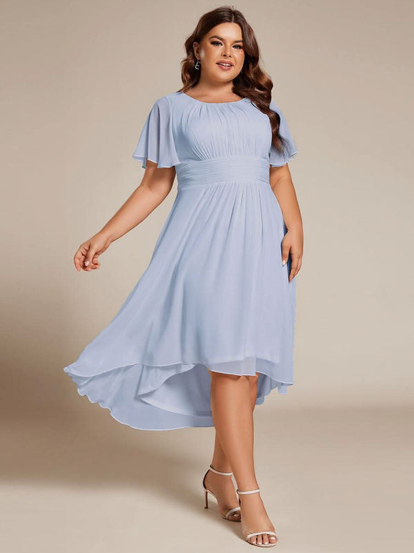 Flowy Chiffon Round Neckline A-Line Knee Length Bridesmaid Dress #color_Pink ever EDEN|Flowy Chiffon Round Neckline A-Line Knee Length Bridesmaid Dress
