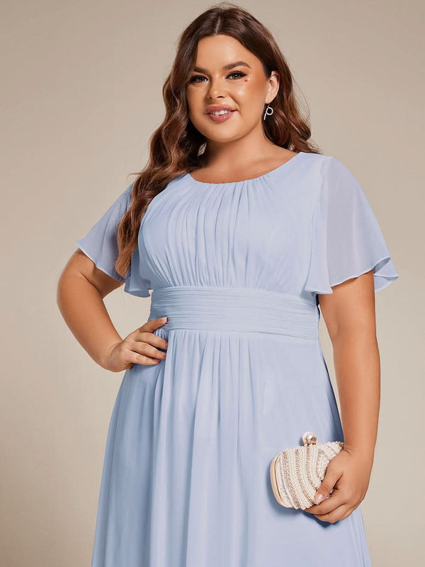 Flowy Chiffon Round Neckline A-Line Knee Length Bridesmaid Dress #color_Pink ever EDEN|Flowy Chiffon Round Neckline A-Line Knee Length Bridesmaid Dress