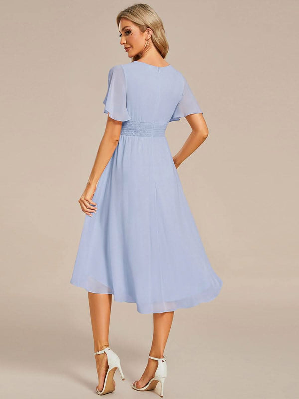 Flowy Chiffon Round Neckline A-Line Knee Length Bridesmaid Dress #color_Pink ever EDEN|Flowy Chiffon Round Neckline A-Line Knee Length Bridesmaid Dress