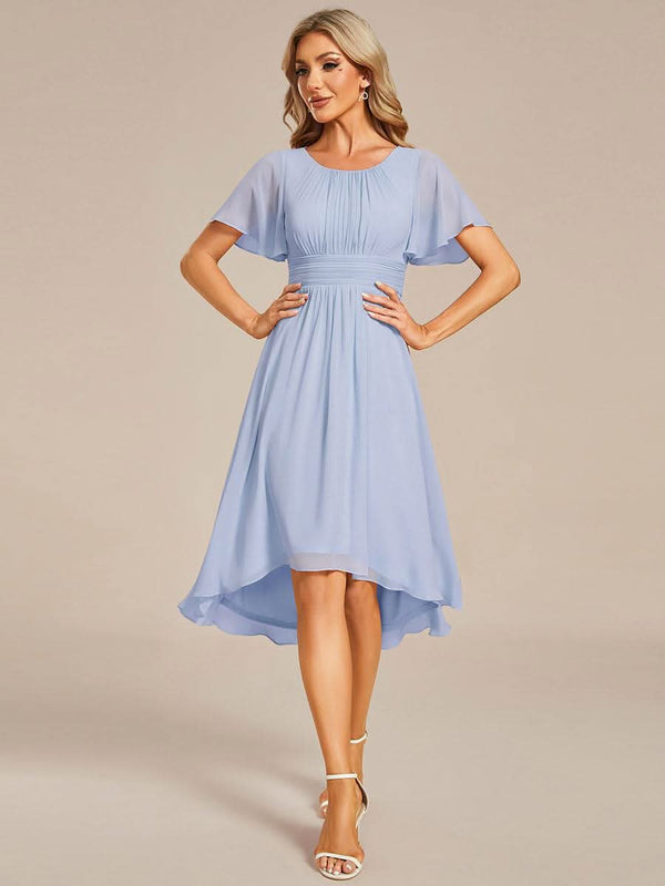 Flowy Chiffon Round Neckline A-Line Knee Length Bridesmaid Dress #color_Pink ever EDEN|Flowy Chiffon Round Neckline A-Line Knee Length Bridesmaid Dress