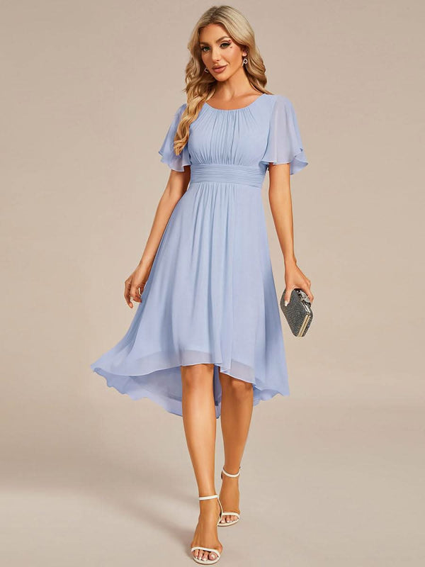 Flowy Chiffon Round Neckline A-Line Knee Length Bridesmaid Dress #color_Pink ever EDEN|Flowy Chiffon Round Neckline A-Line Knee Length Bridesmaid Dress