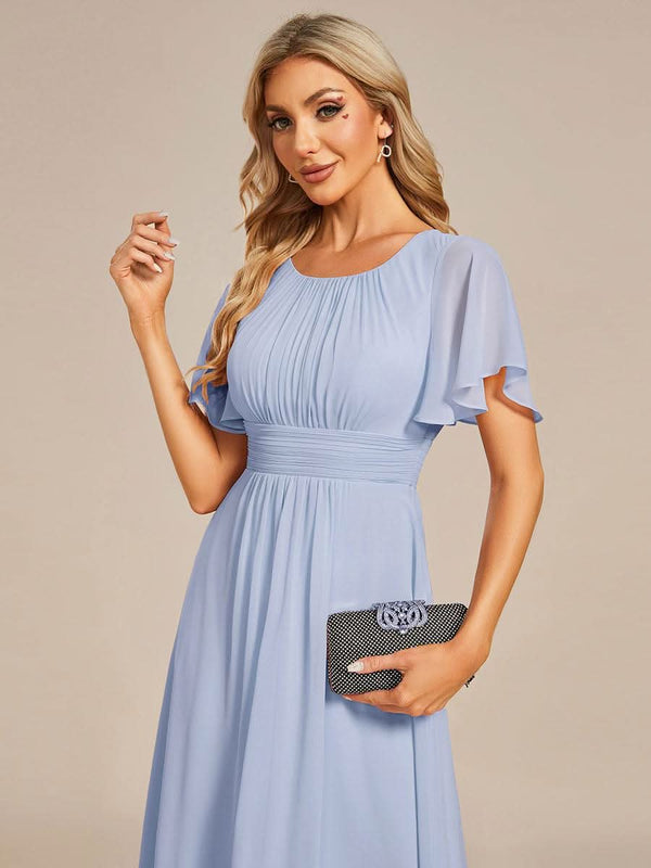 Flowy Chiffon Round Neckline A-Line Knee Length Bridesmaid Dress #color_Pink ever EDEN|Flowy Chiffon Round Neckline A-Line Knee Length Bridesmaid Dress
