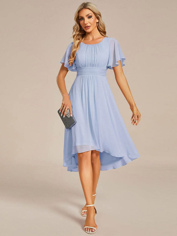 Flowy Chiffon Round Neckline A-Line Knee Length Bridesmaid Dress #color_Pink ever EDEN|Flowy Chiffon Round Neckline A-Line Knee Length Bridesmaid Dress