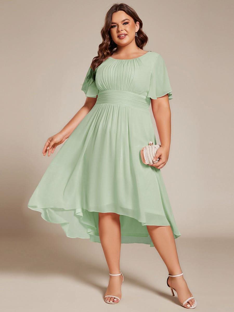 Flowy Chiffon Round Neckline A-Line Knee Length Bridesmaid Dress #color_Mint Green