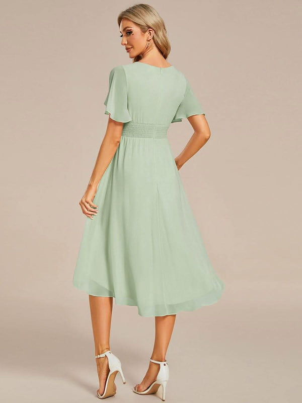 Flowy Chiffon Round Neckline A-Line Knee Length Bridesmaid Dress #color_Pink ever EDEN|Flowy Chiffon Round Neckline A-Line Knee Length Bridesmaid Dress