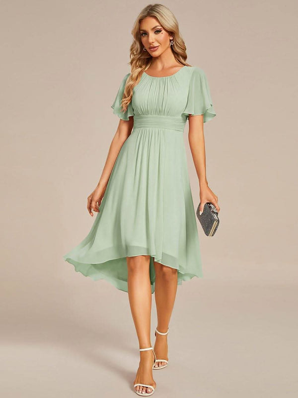 Flowy Chiffon Round Neckline A-Line Knee Length Bridesmaid Dress #color_Pink ever EDEN|Flowy Chiffon Round Neckline A-Line Knee Length Bridesmaid Dress