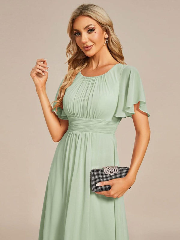 Flowy Chiffon Round Neckline A-Line Knee Length Bridesmaid Dress #color_Pink ever EDEN|Flowy Chiffon Round Neckline A-Line Knee Length Bridesmaid Dress