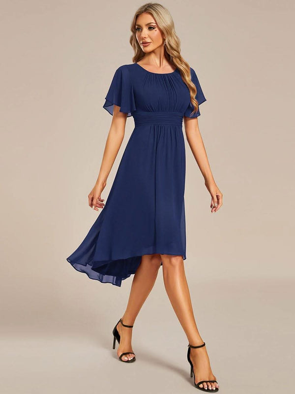 Flowy Chiffon Round Neckline A-Line Knee Length Bridesmaid Dress #color_Pink ever EDEN|Flowy Chiffon Round Neckline A-Line Knee Length Bridesmaid Dress