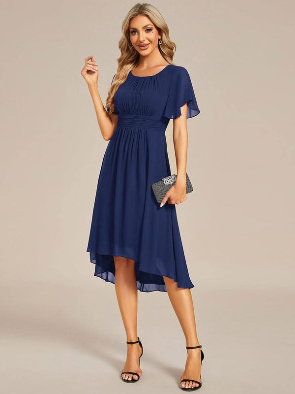 Flowy Chiffon Round Neckline A-Line Knee Length Bridesmaid Dress #color_Pink ever EDEN|Flowy Chiffon Round Neckline A-Line Knee Length Bridesmaid Dress