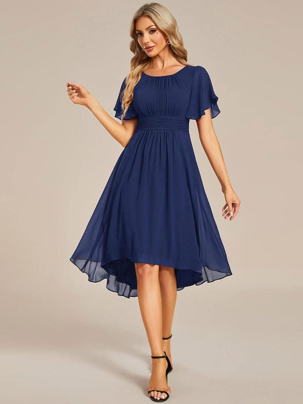 Flowy Chiffon Round Neckline A-Line Knee Length Bridesmaid Dress #color_Pink ever EDEN|Flowy Chiffon Round Neckline A-Line Knee Length Bridesmaid Dress