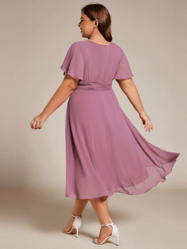 Flowy Chiffon Round Neckline A-Line Knee Length Bridesmaid Dress #color_Pink ever EDEN|Flowy Chiffon Round Neckline A-Line Knee Length Bridesmaid Dress