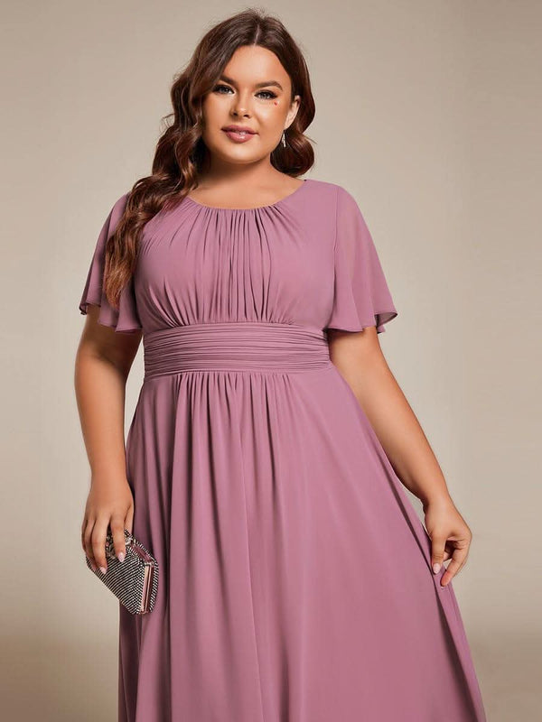 Flowy Chiffon Round Neckline A-Line Knee Length Bridesmaid Dress #color_Pink ever EDEN|Flowy Chiffon Round Neckline A-Line Knee Length Bridesmaid Dress