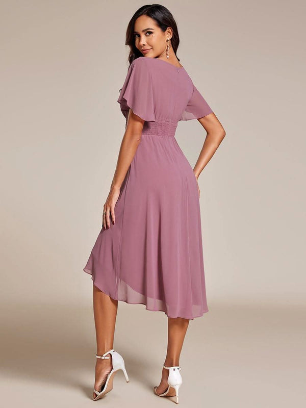Flowy Chiffon Round Neckline A-Line Knee Length Bridesmaid Dress #color_Pink ever EDEN|Flowy Chiffon Round Neckline A-Line Knee Length Bridesmaid Dress