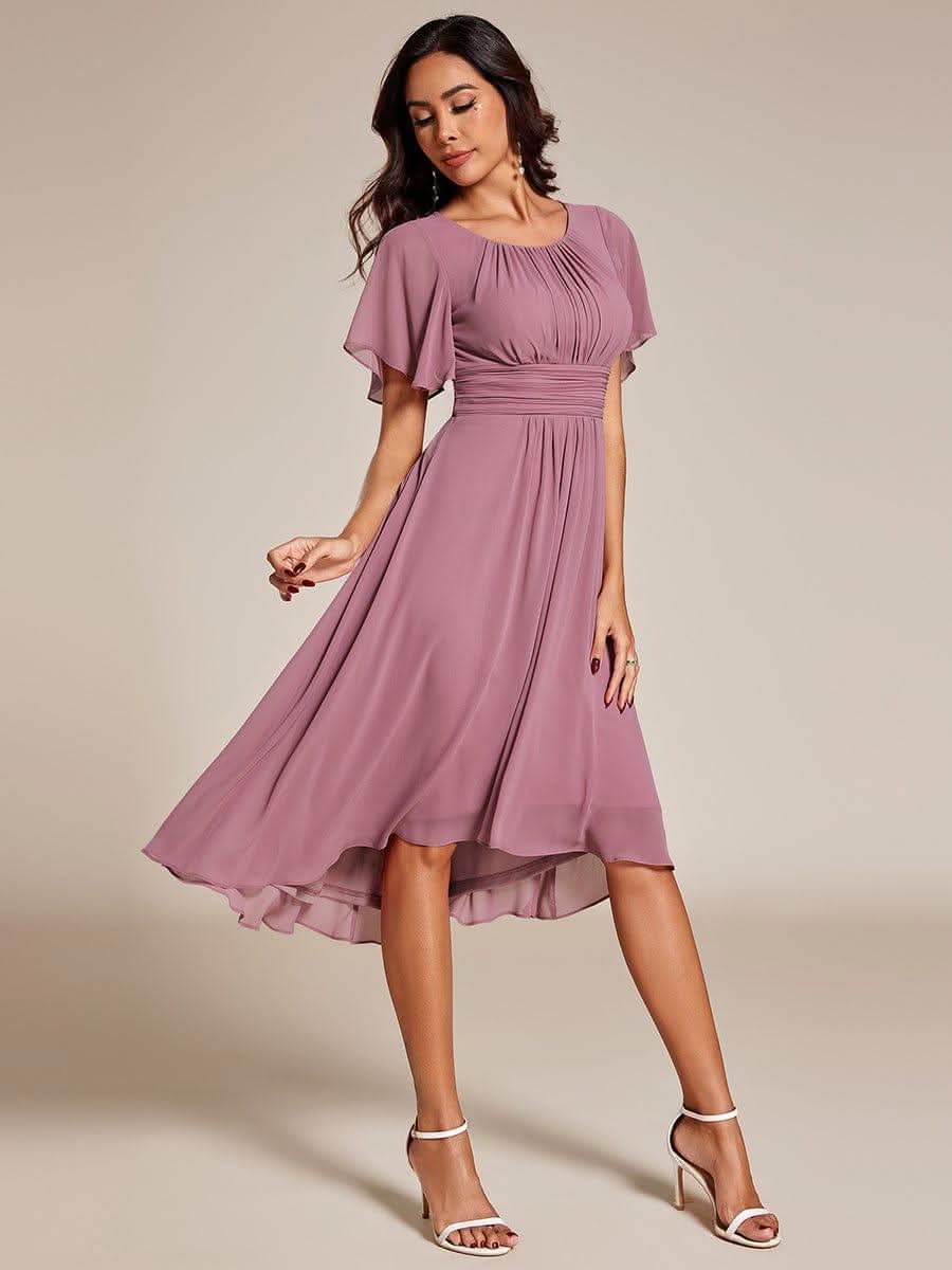 Flowy Chiffon Round Neckline A-Line Knee Length Bridesmaid Dress #color_Purple Orchid