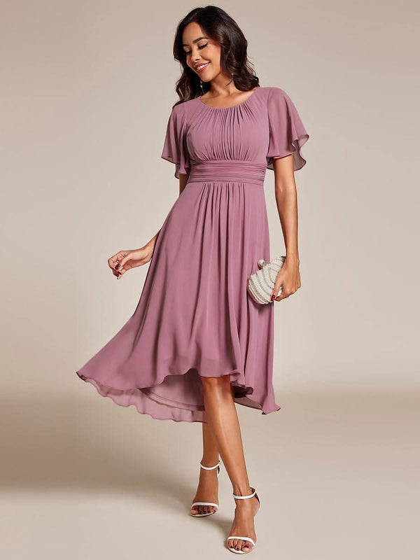 Flowy Chiffon Round Neckline A-Line Knee Length Bridesmaid Dress #color_Pink ever EDEN|Flowy Chiffon Round Neckline A-Line Knee Length Bridesmaid Dress