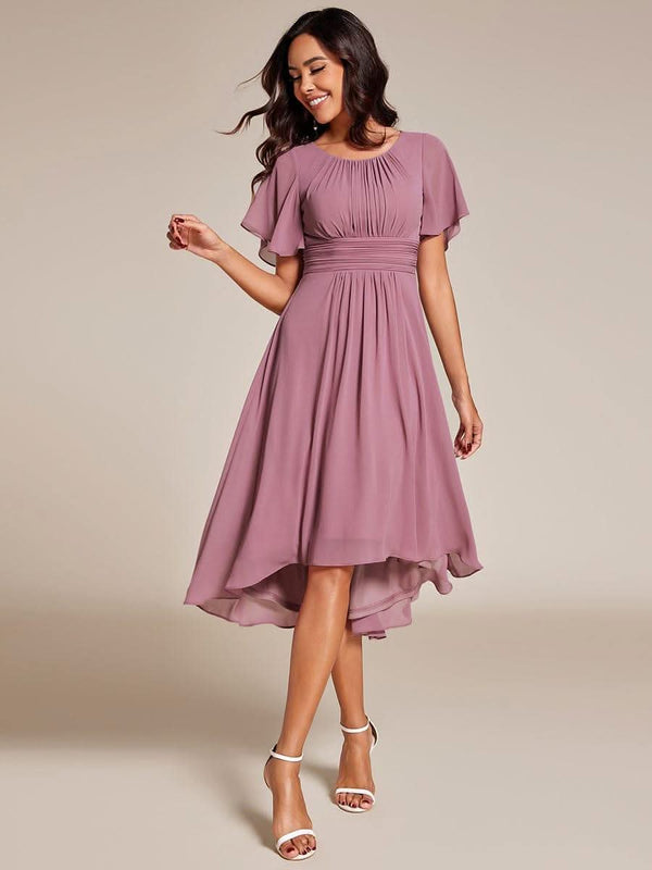 Flowy Chiffon Round Neckline A-Line Knee Length Bridesmaid Dress #color_Pink ever EDEN|Flowy Chiffon Round Neckline A-Line Knee Length Bridesmaid Dress
