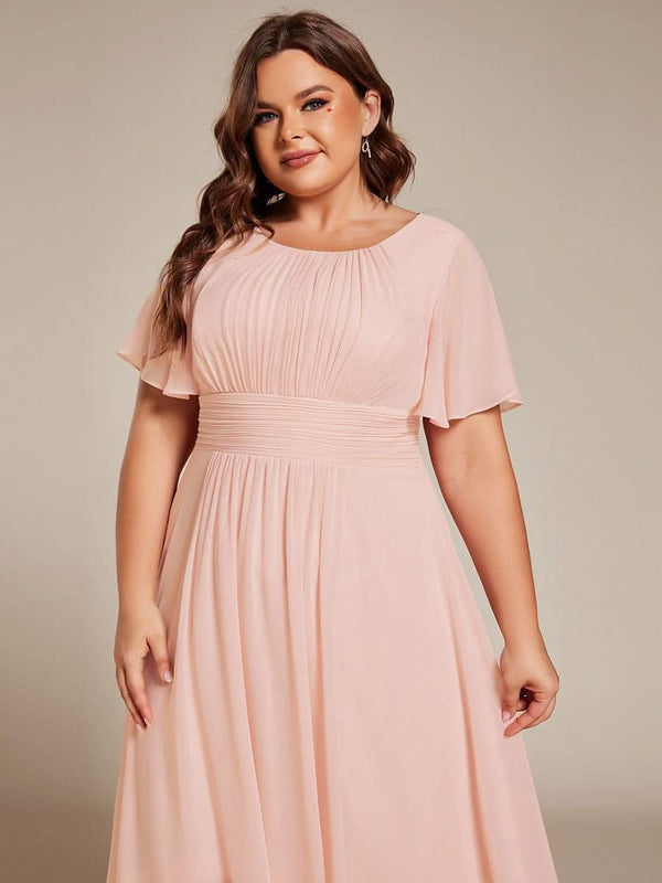 Flowy Chiffon Round Neckline A-Line Knee Length Bridesmaid Dress #color_Pink ever EDEN|Flowy Chiffon Round Neckline A-Line Knee Length Bridesmaid Dress
