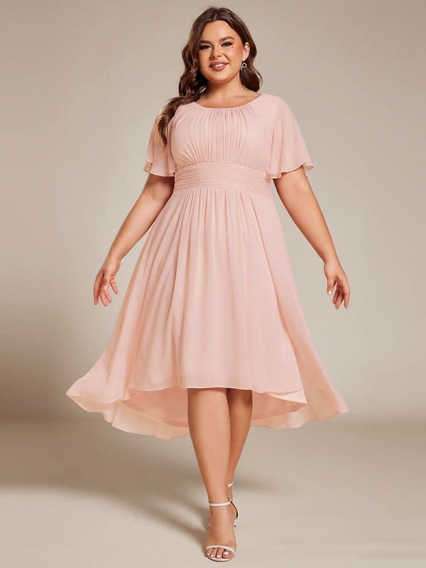 Flowy Chiffon Round Neckline A-Line Knee Length Bridesmaid Dress #color_Pink ever EDEN|Flowy Chiffon Round Neckline A-Line Knee Length Bridesmaid Dress