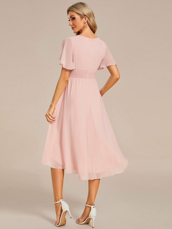 Flowy Chiffon Round Neckline A-Line Knee Length Bridesmaid Dress #color_Pink ever EDEN|Flowy Chiffon Round Neckline A-Line Knee Length Bridesmaid Dress