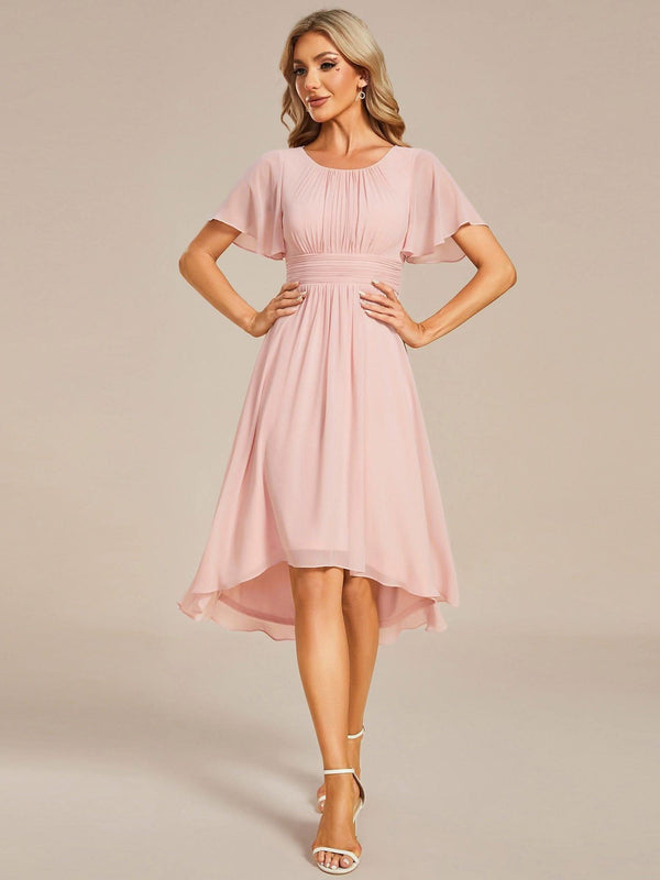 Flowy Chiffon Round Neckline A-Line Knee Length Bridesmaid Dress #color_Pink ever EDEN|Flowy Chiffon Round Neckline A-Line Knee Length Bridesmaid Dress