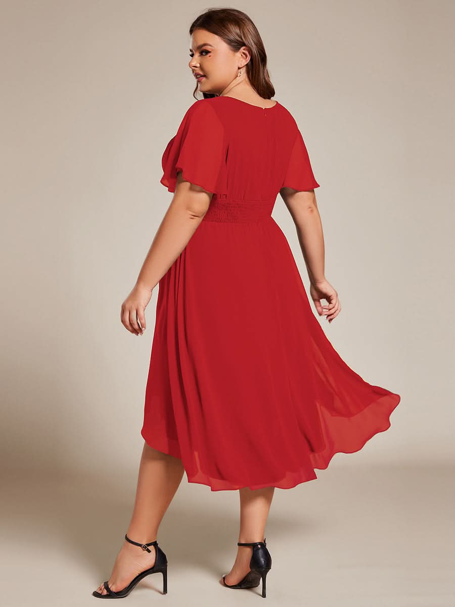 Flowy Chiffon Round Neckline A-Line Knee Length Bridesmaid Dress #color_Red