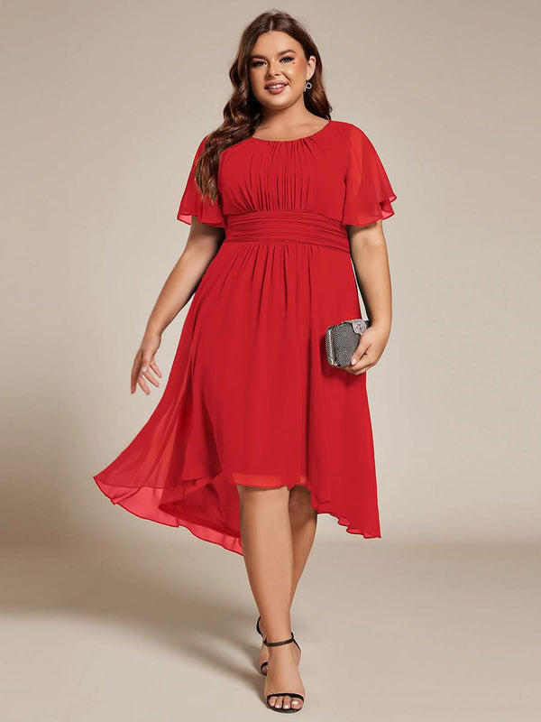 Flowy Chiffon Round Neckline A-Line Knee Length Bridesmaid Dress #color_Pink ever EDEN|Flowy Chiffon Round Neckline A-Line Knee Length Bridesmaid Dress