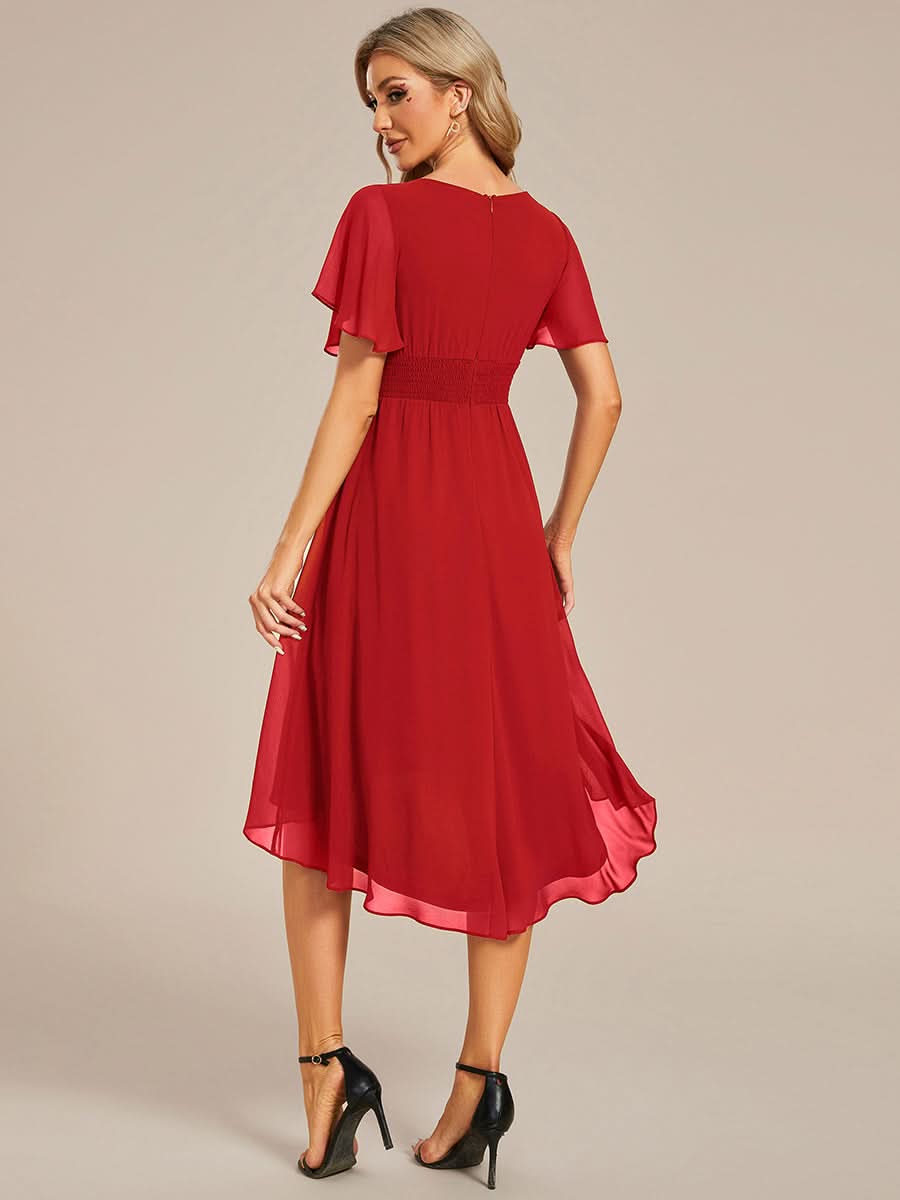 Flowy Chiffon Round Neckline A-Line Knee Length Bridesmaid Dress #color_Red
