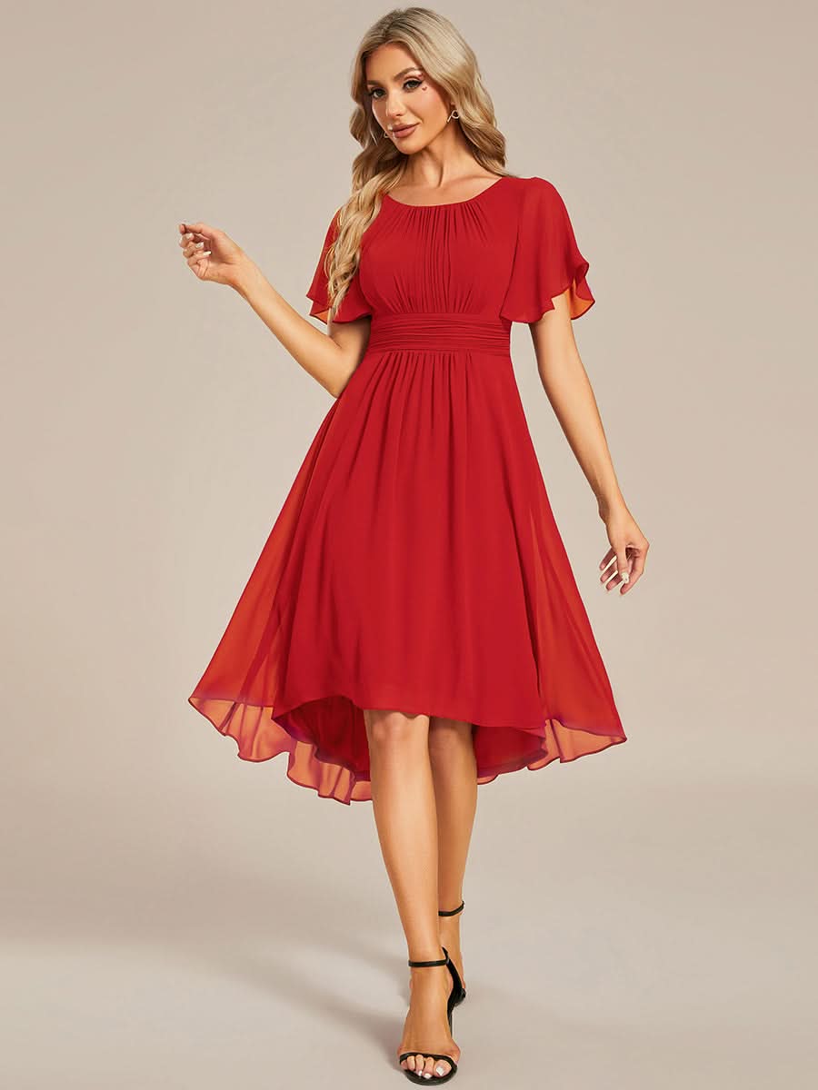 Flowy Chiffon Round Neckline A-Line Knee Length Bridesmaid Dress #color_Red