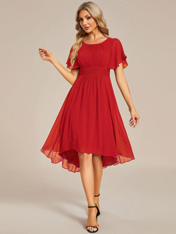 Flowy Chiffon Round Neckline A-Line Knee Length Bridesmaid Dress #color_Pink ever EDEN|Flowy Chiffon Round Neckline A-Line Knee Length Bridesmaid Dress