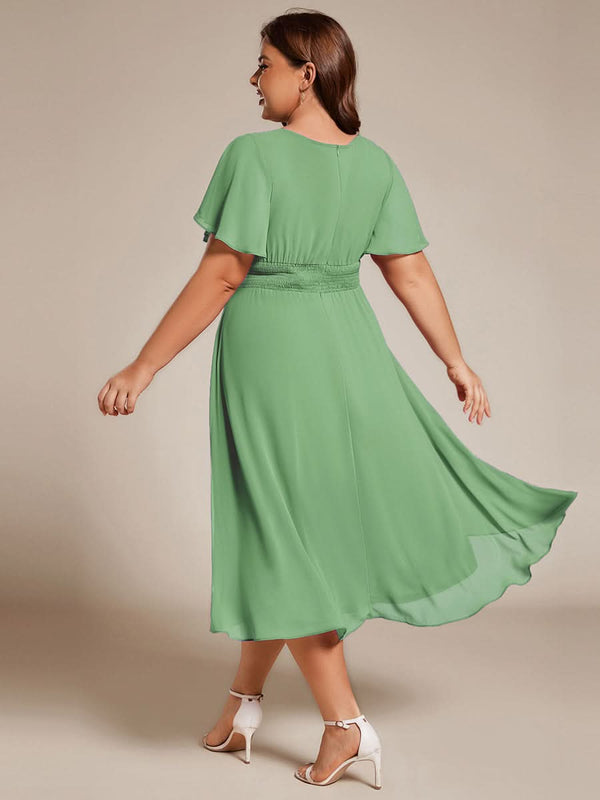 Flowy Chiffon Round Neckline A-Line Knee Length Bridesmaid Dress #color_Pink ever EDEN|Flowy Chiffon Round Neckline A-Line Knee Length Bridesmaid Dress