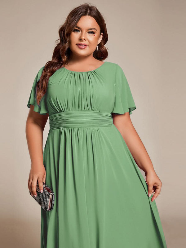 Flowy Chiffon Round Neckline A-Line Knee Length Bridesmaid Dress #color_Pink ever EDEN|Flowy Chiffon Round Neckline A-Line Knee Length Bridesmaid Dress