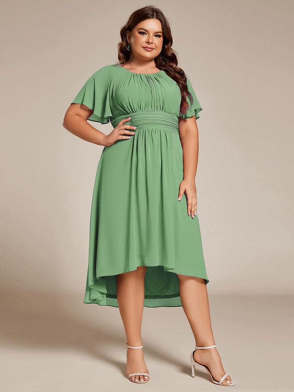 Flowy Chiffon Round Neckline A-Line Knee Length Bridesmaid Dress #color_Pink ever EDEN|Flowy Chiffon Round Neckline A-Line Knee Length Bridesmaid Dress