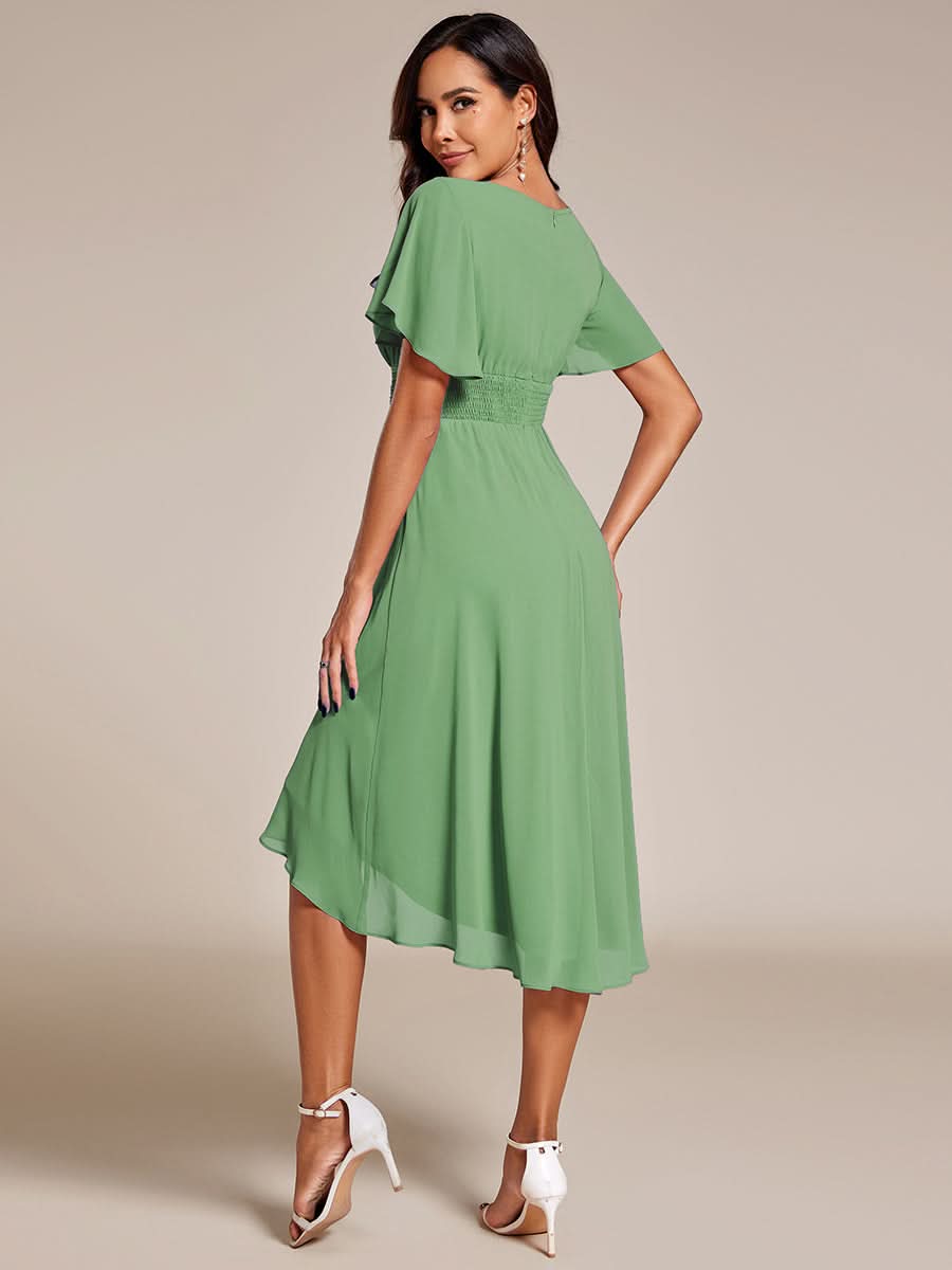 Flowy Chiffon Round Neckline A-Line Knee Length Bridesmaid Dress #color_Sage Green