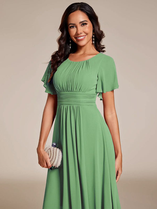 Flowy Chiffon Round Neckline A-Line Knee Length Bridesmaid Dress #color_Pink ever EDEN|Flowy Chiffon Round Neckline A-Line Knee Length Bridesmaid Dress