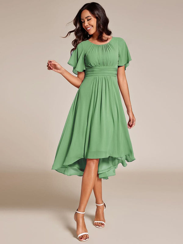 Flowy Chiffon Round Neckline A-Line Knee Length Bridesmaid Dress #color_Pink ever EDEN|Flowy Chiffon Round Neckline A-Line Knee Length Bridesmaid Dress