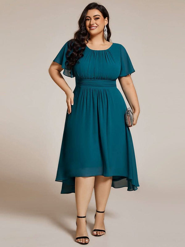 Flowy Chiffon Round Neckline A-Line Knee Length Bridesmaid Dress #color_Pink ever EDEN|Flowy Chiffon Round Neckline A-Line Knee Length Bridesmaid Dress